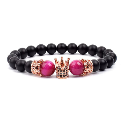 Beaded Stretch Bracelet Black Matte Onyx Tiger Eye 8mm Crown Charm