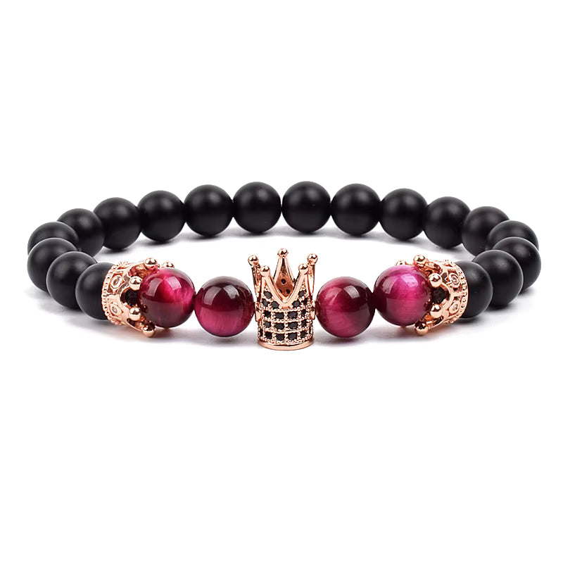 Beaded Stretch Bracelet Black Matte Onyx Tiger Eye 8mm Crown Charm