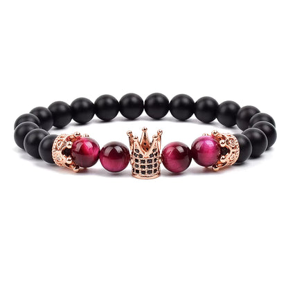 Beaded Stretch Bracelet Black Matte Onyx Tiger Eye 8mm Crown Charm