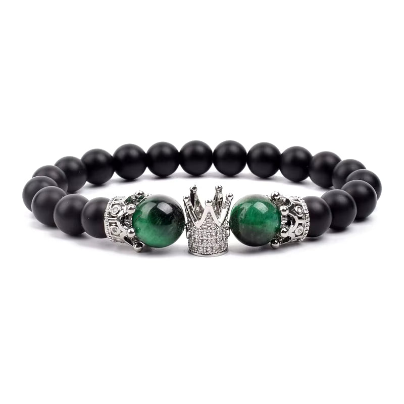 Beaded Stretch Bracelet Black Matte Onyx Tiger Eye 8mm Crown Charm