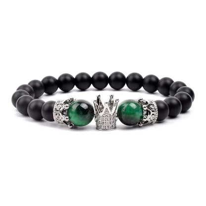 Beaded Stretch Bracelet Black Matte Onyx Tiger Eye 8mm Crown Charm