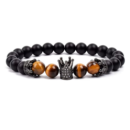 Beaded Stretch Bracelet Black Matte Onyx Tiger Eye 8mm Crown Charm