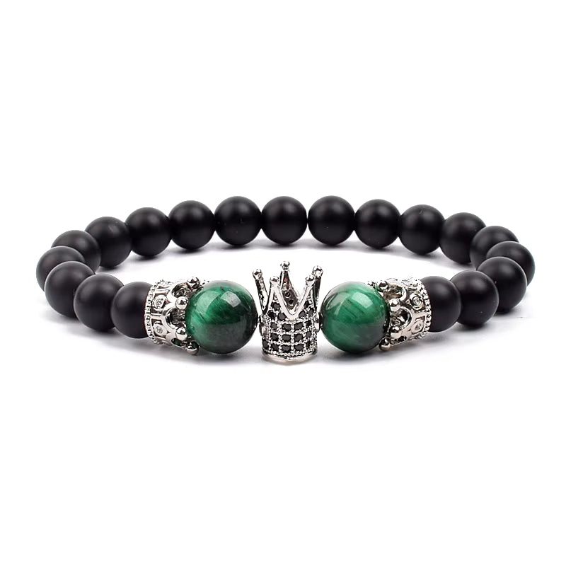 Beaded Stretch Bracelet Black Matte Onyx Tiger Eye 8mm Crown Charm