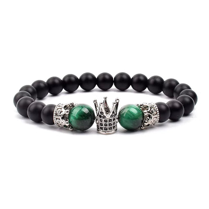 Beaded Stretch Bracelet Black Matte Onyx Tiger Eye 8mm Crown Charm