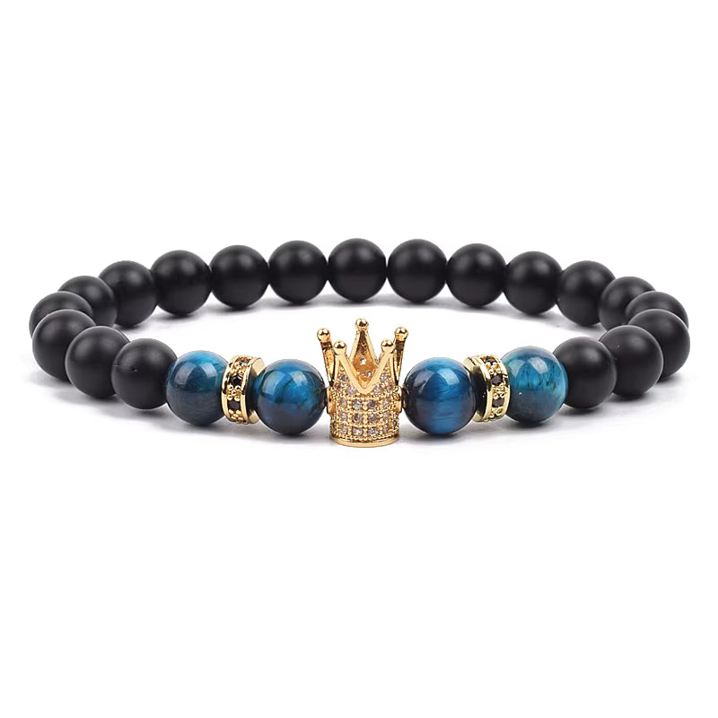 Beaded Stretch Bracelet Black Matte Onyx Tiger Eye 8mm Crown Charm