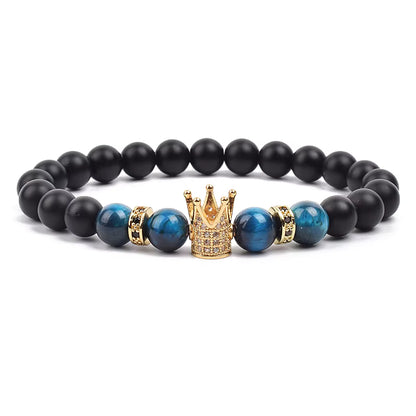 Beaded Stretch Bracelet Black Matte Onyx Tiger Eye 8mm Crown Charm