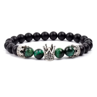 Beaded Stretch Bracelet Black Matte Onyx Tiger Eye 8mm Crown Charm