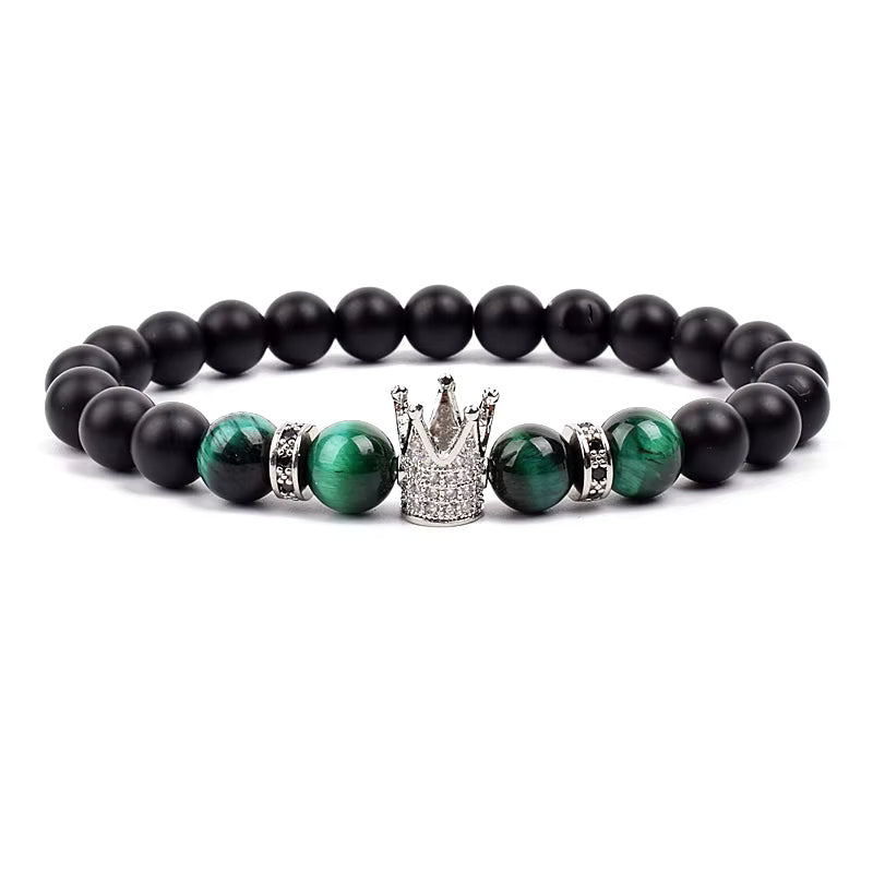 Beaded Stretch Bracelet Black Matte Onyx Tiger Eye 8mm Crown Charm