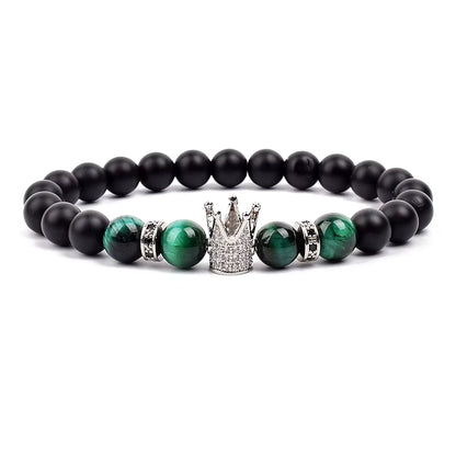 Beaded Stretch Bracelet Black Matte Onyx Tiger Eye 8mm Crown Charm