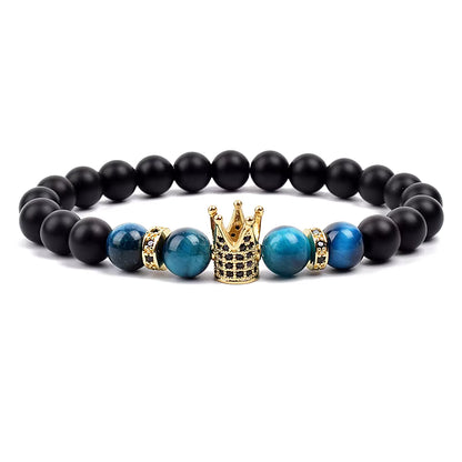 Beaded Stretch Bracelet Black Matte Onyx Tiger Eye 8mm Crown Charm