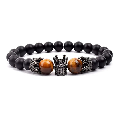 Beaded Stretch Bracelet Black Matte Onyx Tiger Eye 8mm Crown Charm