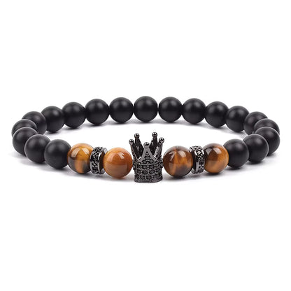 Beaded Stretch Bracelet Black Matte Onyx Tiger Eye 8mm Crown Charm