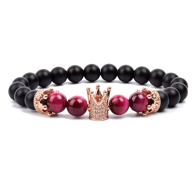 Beaded Stretch Bracelet Black Matte Onyx Tiger Eye 8mm Crown Charm