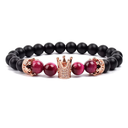Beaded Stretch Bracelet Black Matte Onyx Tiger Eye 8mm Crown Charm