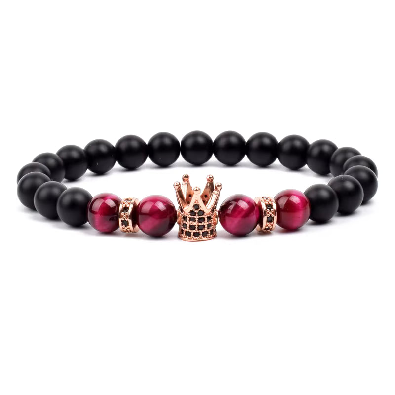 Beaded Stretch Bracelet Black Matte Onyx Tiger Eye 8mm Crown Charm