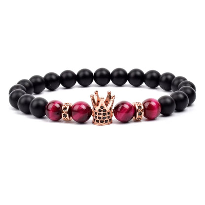 Beaded Stretch Bracelet Black Matte Onyx Tiger Eye 8mm Crown Charm