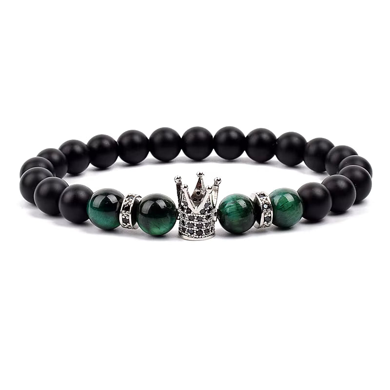 Beaded Stretch Bracelet Black Matte Onyx Tiger Eye 8mm Crown Charm