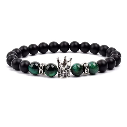 Beaded Stretch Bracelet Black Matte Onyx Tiger Eye 8mm Crown Charm