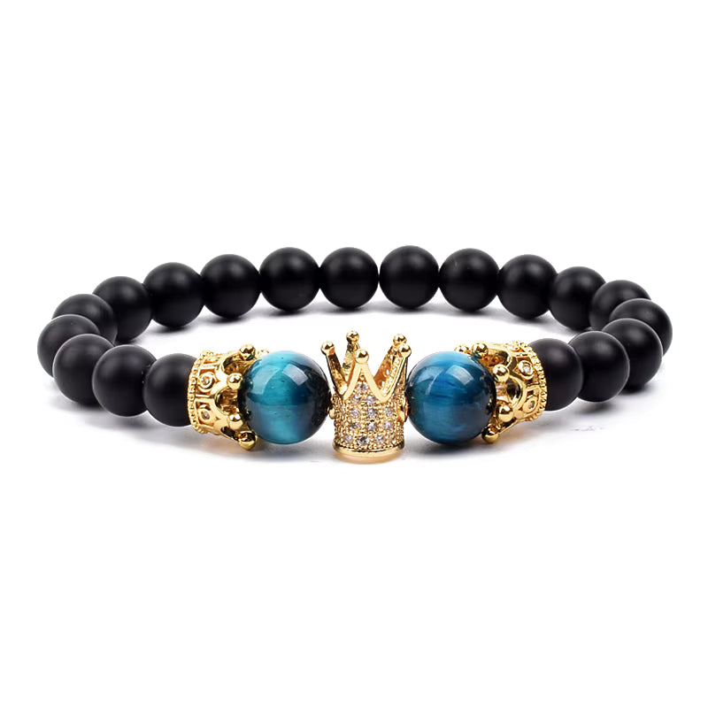 Beaded Stretch Bracelet Black Matte Onyx Tiger Eye 8mm Crown Charm