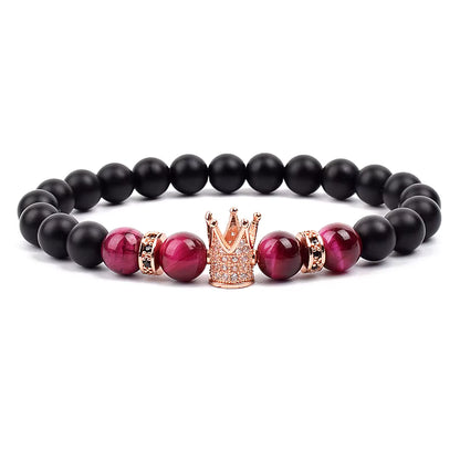 Beaded Stretch Bracelet Black Matte Onyx Tiger Eye 8mm Crown Charm