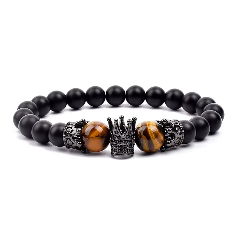 Beaded Stretch Bracelet Black Matte Onyx Tiger Eye 8mm Crown Charm