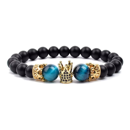 Beaded Stretch Bracelet Black Matte Onyx Tiger Eye 8mm Crown Charm
