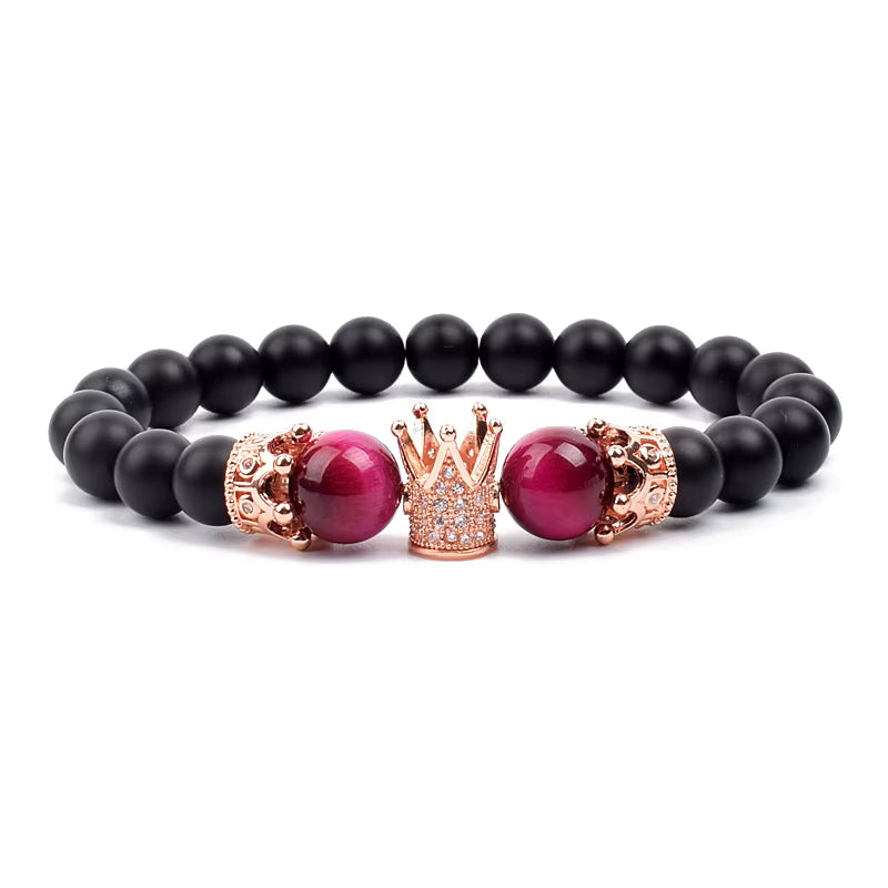 Beaded Stretch Bracelet Black Matte Onyx Tiger Eye 8mm Crown Charm