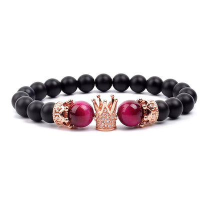 Beaded Stretch Bracelet Black Matte Onyx Tiger Eye 8mm Crown Charm