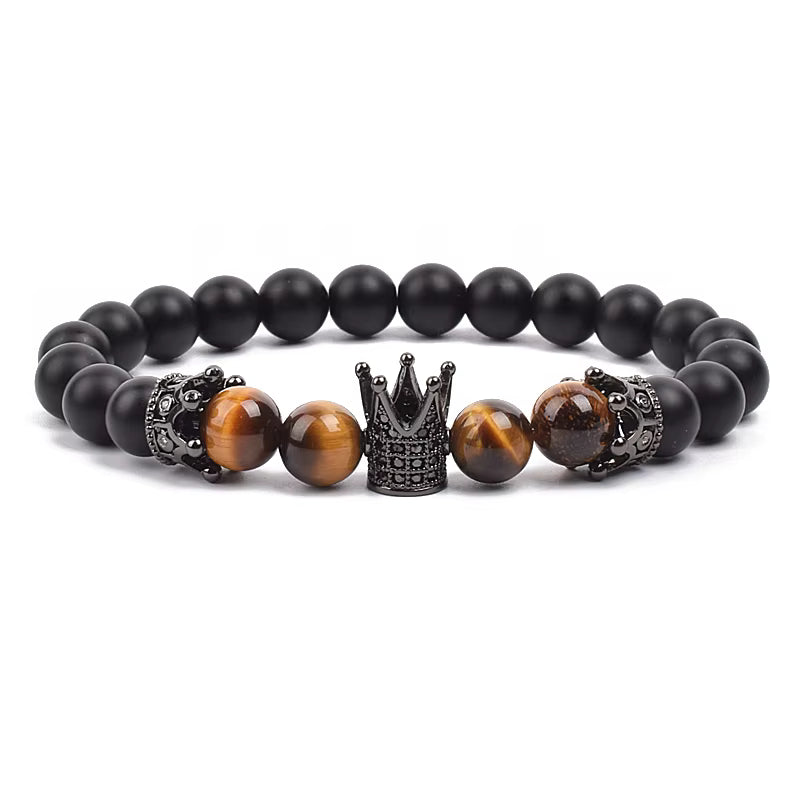 Beaded Stretch Bracelet Black Matte Onyx Tiger Eye 8mm Crown Charm