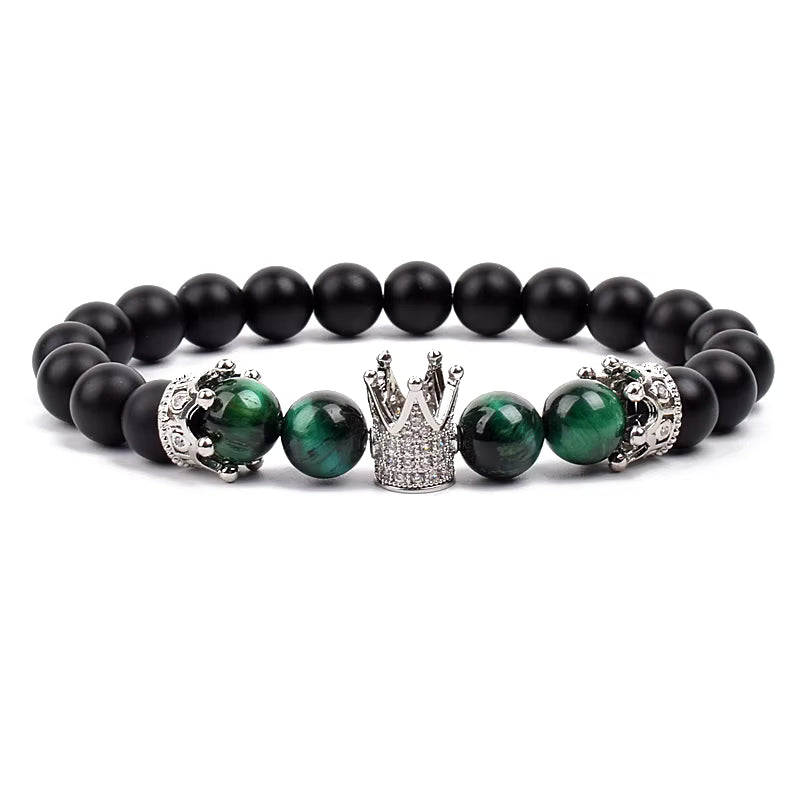 Beaded Stretch Bracelet Black Matte Onyx Tiger Eye 8mm Crown Charm