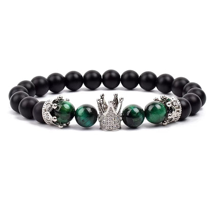 Beaded Stretch Bracelet Black Matte Onyx Tiger Eye 8mm Crown Charm