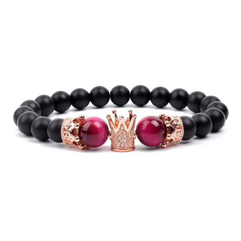 Beaded Stretch Bracelet Black Matte Onyx Tiger Eye 8mm Crown Charm