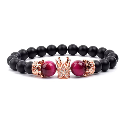 Beaded Stretch Bracelet Black Matte Onyx Tiger Eye 8mm Crown Charm