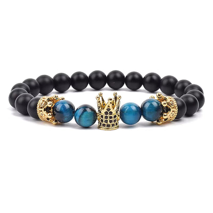 Beaded Stretch Bracelet Black Matte Onyx Tiger Eye 8mm Crown Charm