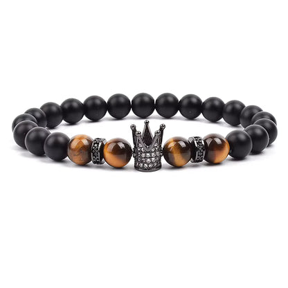 Beaded Stretch Bracelet Black Matte Onyx Tiger Eye 8mm Crown Charm