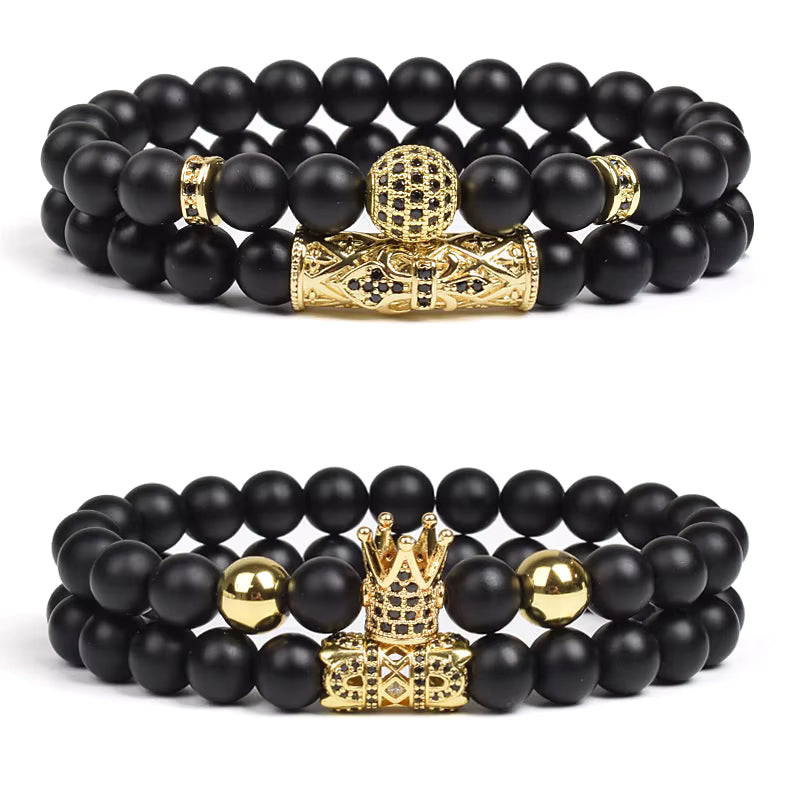 Black Matte Onyx 8mm Beaded Bracelet 2 Piece Set Gold CZ Crown
