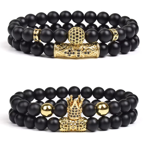 Black Matte Onyx 8mm Beaded Bracelet 2 Piece Set Gold CZ Crown
