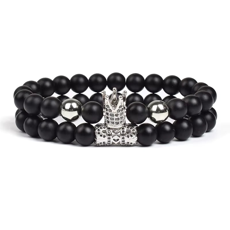 Black Matte Onyx 8mm Beaded Bracelet 2 Piece Set Gold CZ Crown