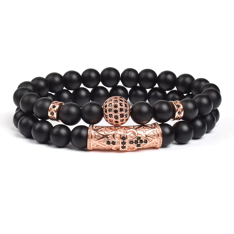 Black Matte Onyx 8mm Beaded Bracelet 2 Piece Set Gold CZ Crown