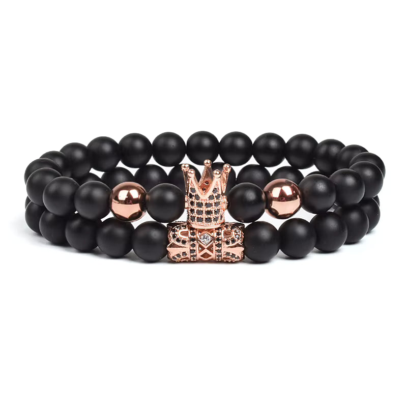 Black Matte Onyx 8mm Beaded Bracelet 2 Piece Set Gold CZ Crown