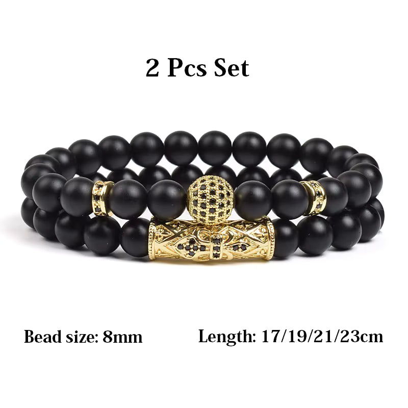 Black Matte Onyx 8mm Beaded Bracelet 2 Piece Set Gold CZ Crown