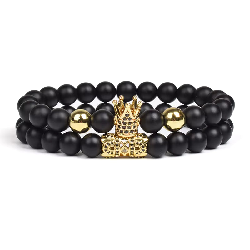 Black Matte Onyx 8mm Beaded Bracelet 2 Piece Set Gold CZ Crown
