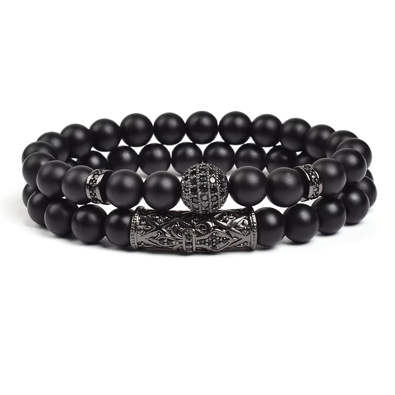 Black Matte Onyx 8mm Beaded Bracelet 2 Piece Set Gold CZ Crown