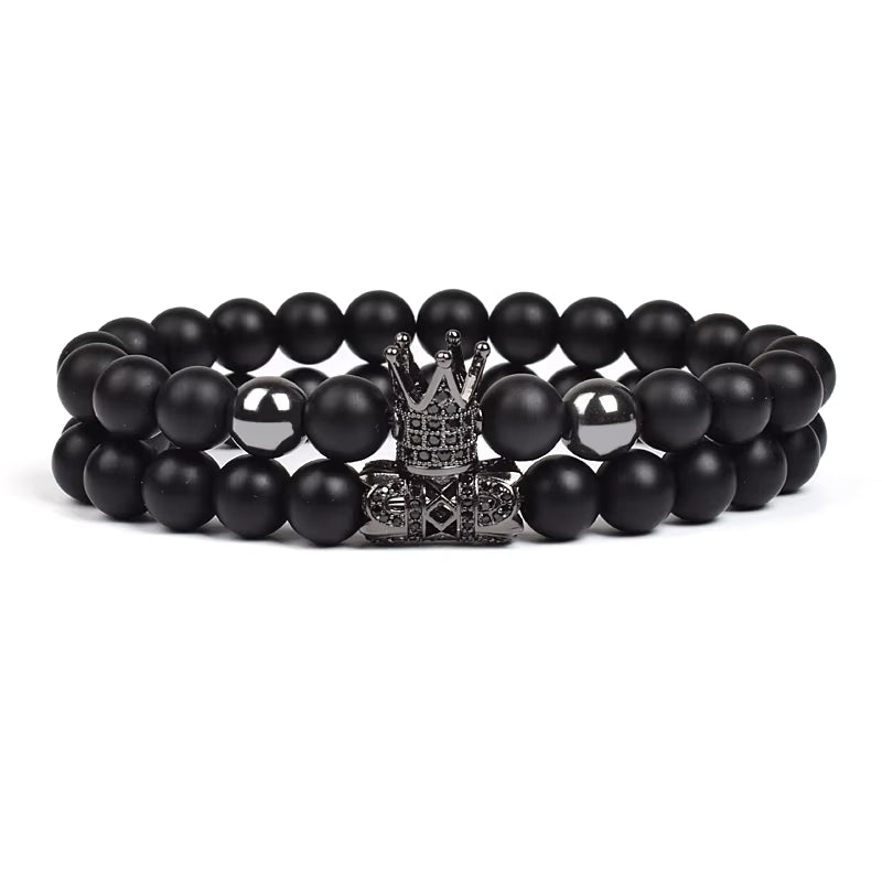Black Matte Onyx 8mm Beaded Bracelet 2 Piece Set Gold CZ Crown
