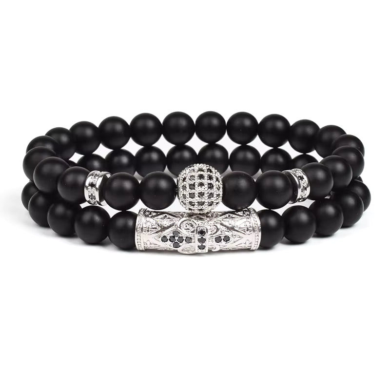 Black Matte Onyx 8mm Beaded Bracelet 2 Piece Set Gold CZ Crown