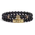 Black Matte Onyx 8mm Beaded Bracelet 2 Piece Set Gold CZ Crown