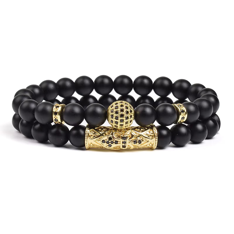 Black Matte Onyx 8mm Beaded Bracelet 2 Piece Set Gold CZ Crown