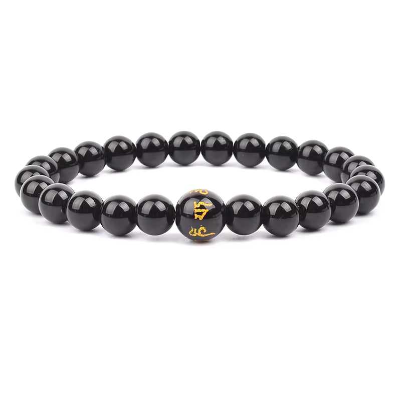 Black Obsidian Beaded Bracelet Onyx Matte Agate Adjustable Unisex