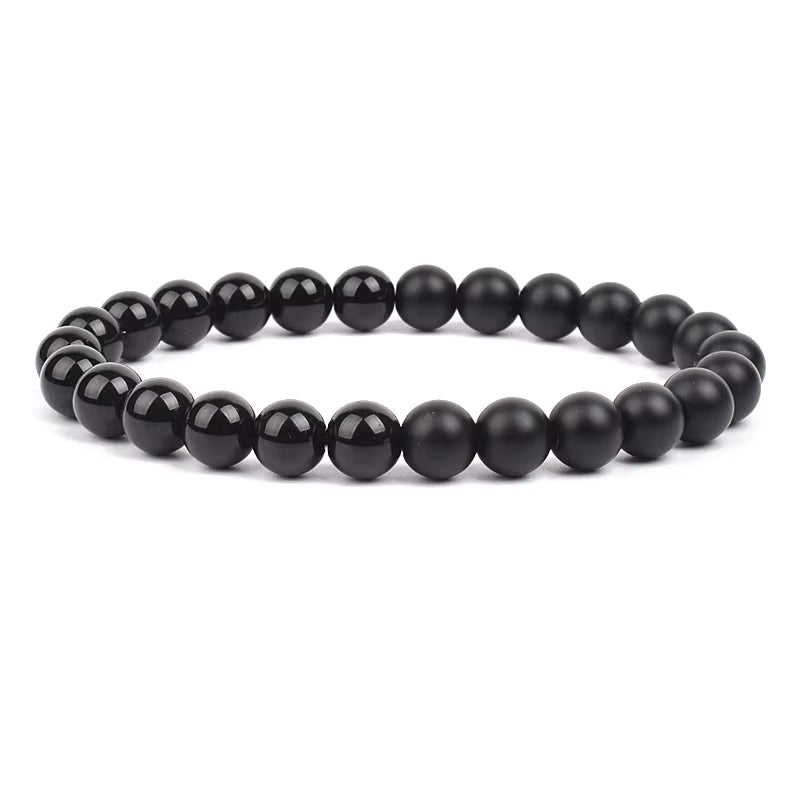 Black Obsidian Beaded Bracelet Onyx Matte Agate Adjustable Unisex