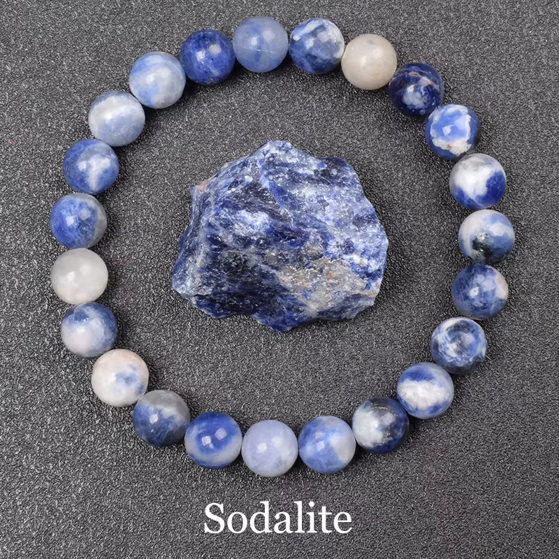 Blue Sandstone Bracelet Elastic Beaded Silver Obsidian Unisex